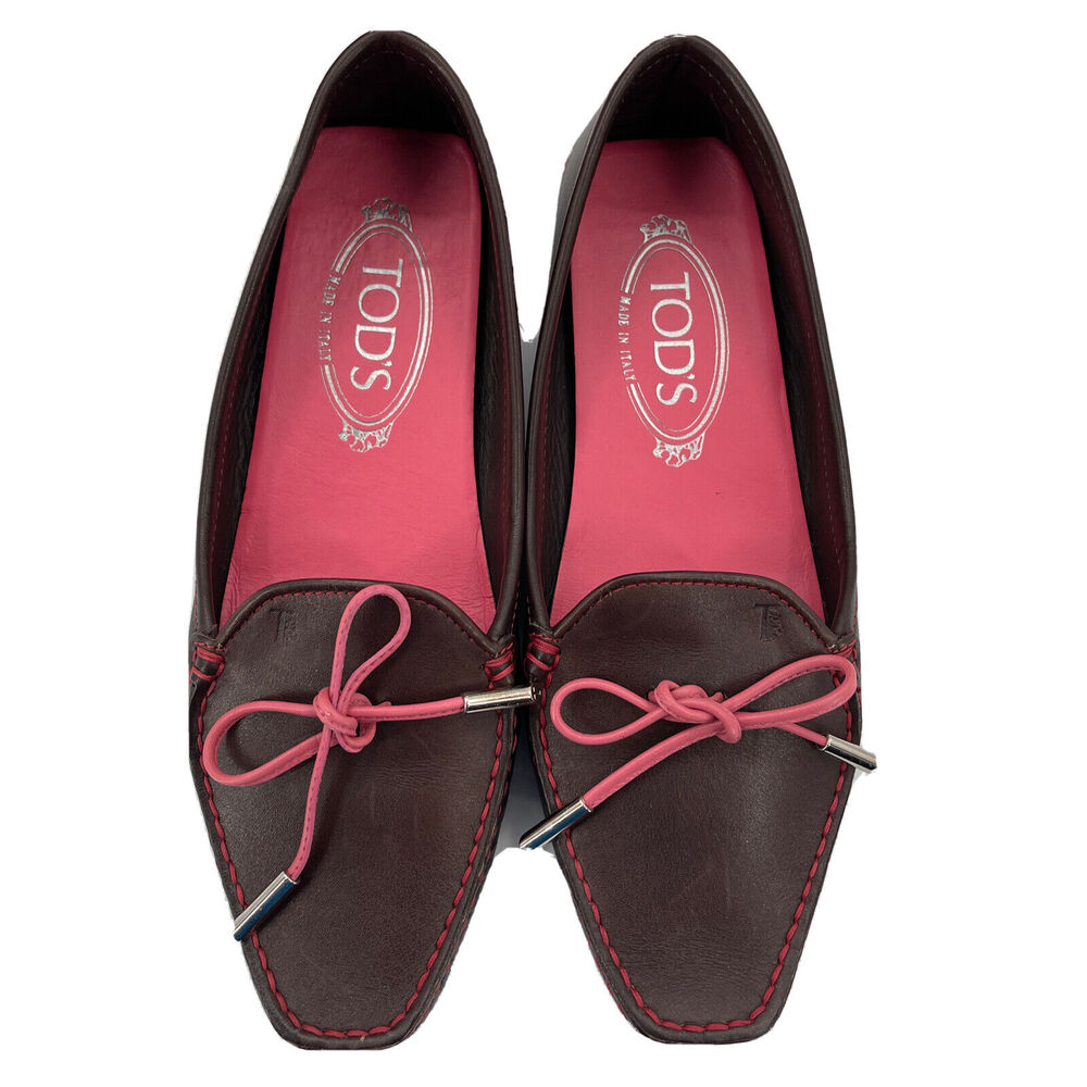 Tods Gommino Driving Shoes Womens EU 35.5 Brown Leather‎ Pink Trim Made In Italy